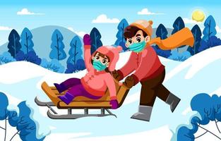 Children Playing Sledge on a Hill with Mask On vector