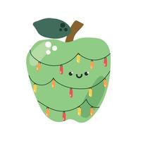 Hand drawn cute apple with a garland and funny face. Merry Christmas or birthday concept for greeting card. vector