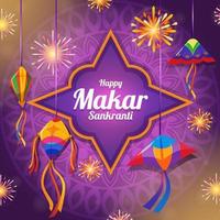 Makar Sankranti Background with Flying Kites and Fireworks vector