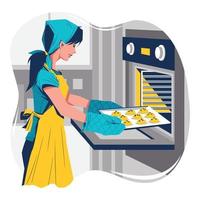 Woman Baking Cookies In an Oven Concept vector