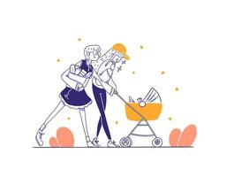Tienda online ecommerce cliente comprar cochecito de bebé categoría de producto concepto de artículo ilustración en estilo de diseño dibujado a mano de contorno vector