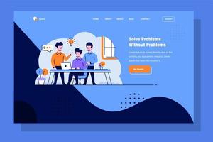 Landing Page Business people team doing brainstorming to have some ideas discussion on a laptop lamp office flat and outline design style vector