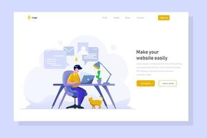 Landing Page business worker doing job work in office finish assignments task in computer employee employer flat design style illustration vector