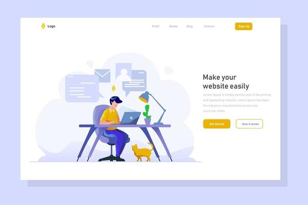 Landing Page business worker doing job work in office finish assignments task in computer employee employer flat design style illustration