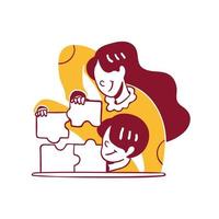 People in Teamwork Build Strategy together to solve puzzle problem concept Icon Illustration in Outline Hand Drawn Design Style vector