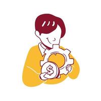 business finance man doing money management setting gear strategy Icon Illustration in Outline Hand Drawn Design Style vector