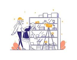 tienda en línea ecommerce cliente comprar cámara equipo de fotografía categoría artículo concepto ilustración en contorno estilo de diseño dibujado a mano vector