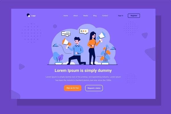 Landing Page Business and finance man and women team doing marketing.   Social media announcement,  flat and outline design style