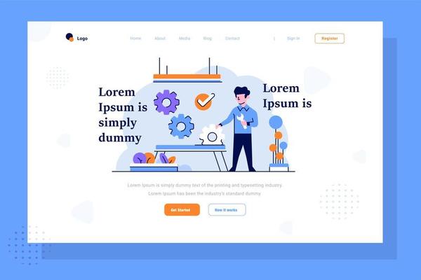 Landing Page Business finance man doing improvement regulation arrangement management setting strategy flat outline design style