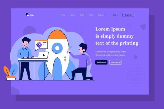 Landing Page Business startup developer rocket development setting flat and outline design style vector