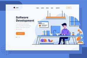 Landing Page business worker doing job work in office finish assignments task in computer employee employer flat and outline design style vector