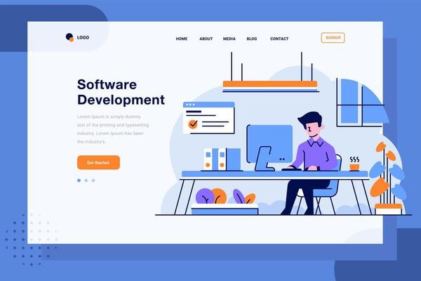 Landing Page business worker doing job work in office finish assignments task in computer employee employer flat and outline design style