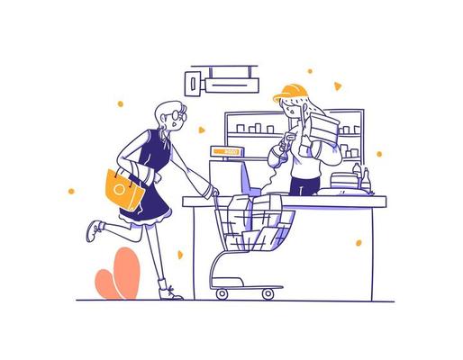 Online Shop Ecommerce Cashier Scan Item price with Cash Register Concept Illustration in Outline Hand Drawn Design Style