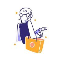 El consumidor del mercado de comercio electrónico compra artículos de moda y sostiene la ilustración del concepto de bolsa de compras en el estilo de diseño dibujado a mano de esquema vector