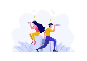 Business and finance man and women vision seeing the future direction of business with telescope people character flat design style Vector Illustration