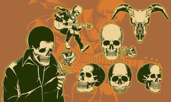 conjunto de halloween con cabeza de calavera, cabeza de cuerno y calavera con flor. vector