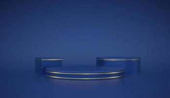Blue round and cube podium. Scene and 3D platform with gold circle on blue background. Blank Pedestal minimal concept. Advertising, award and win design. Show and sale template. Realistic vector. vector