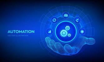 IOT and Automation Software concept as an innovation, improving productivity in technology and business processes. Automation icon in robotic hand. Vector illustration.