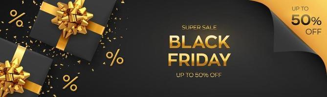 Black Friday Super Sale. Realistic black gifts boxes with golden bows. Dark background with present boxes and golden percent symbols. Horizontal banner, poster, header website. Vector illustration.