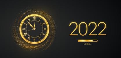 Happy New Year 2022. Golden metallic numbers 2022, gold watch with Roman numeral and countdown midnight with loading bar on shimmering background. Bursting backdrop with glitters. Vector illustration.
