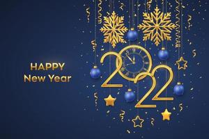 Happy New 2022 Year. Gold metallic numbers 2022 and watch with Roman numeral and countdown midnight, eve for New Year. Hanging golden stars, snowflakes, balls on blue background. Vector illustration.