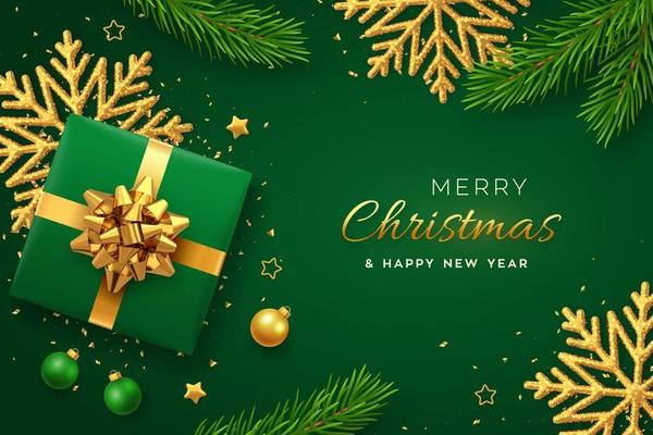 Christmas banner. Realistic gift box with golden bow, shining snowflake, gold stars, pine branches, confetti, balls. Xmas green background, horizontal poster, greeting cards, headers website. Vector.