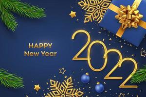 Happy New 2022 Year. Golden metallic numbers 2022 with gift box, shining snowflake, pine branches, stars, balls and confetti on blue background. New Year greeting card or banner template. Vector.