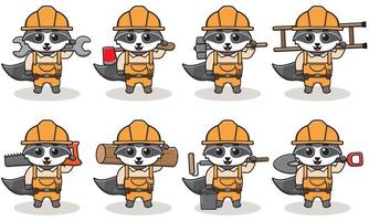 Cute cartoon of Raccoon being a handyman with big tools. vector