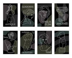 antigua grecia y roma conjunto de 8 tarjetas negras tradición y cultura vector de patrones sin fisuras. la tendencia lineal de la antigua, la antigua grecia y la antigua roma.