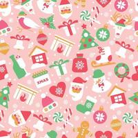 Navidad de patrones sin fisuras con iconos de año nuevo sobre fondo rosa. perfecto para papel tapiz, papel de regalo, rellenos de patrones, saludos de invierno, fondo de páginas web, tarjetas de felicitación navideñas y de año nuevo vector