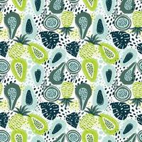 Seamless pattern with creative modern fruits. Hand drawn trendy background. Abstract pattern with papaya pineapple and passion fruit. Template for cards, banners, print fabric, t-shirt. vector