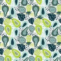 Seamless pattern with creative modern fruits. Hand drawn trendy background. Abstract pattern with papaya pineapple and passion fruit. Template for cards, banners, print fabric, t-shirt. vector