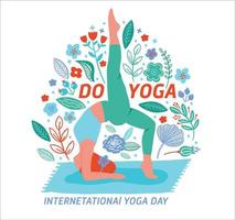 Women exercising yoga flat color trend vector card. Do yoga meditation practice cartoon style. Exercise workout background. Healthy lifestyle morning fitness activities pictures.