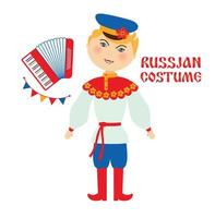 Ilustración de vector plano de traje popular ruso. hombre vestido con ropa tradicional personajes de dibujos animados. Artista musical tocando el acordeón.