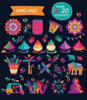 Set of Holi flat icons in indian style. Vector illustration on dark blue.