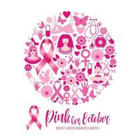 Banner Illustration of breast cancer for october awareness month. Circle composition. vector