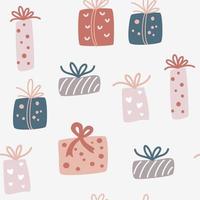 Cajas de regalo de Navidad de patrones sin fisuras. Fondo escandinavo creativo para papel tapiz, ropa, invitaciones de embalaje, carteles. vacaciones textura repetida con regalos. ilustración de dibujos animados de vector. vector