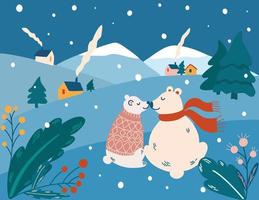 Couple of polar bears. Winter landscape. Nature Travel and Wildlife, Forest. Happy Holidays postcards. Hand draw vector Illustration for Xmas and new year design.