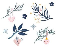 conjunto de ramitas y regalos de árbol de Navidad. decoración navideña en estilo escandinavo. elementos de diseño para el evento de año nuevo de la temporada de vacaciones de invierno. ilustración vectorial de dibujos animados. vector