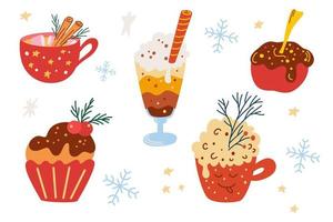 colección de dulces navideños. tazas acogedoras, cacao con crema batida, café, tradicional pastel navideño. tarjeta de felicitación para año nuevo o vacaciones de invierno. ilustración vectorial de dibujos animados.