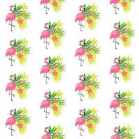 Pink flamingo and tropical plants vector