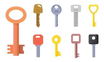 Flat illustrations of different type of keys collection for house door, lock access, automobile, home, apartment, money case, personal box. For your design. vector