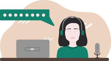 Illustration about podcast with girl in headphones, with notebook and microphone. Minimalistic style vector