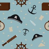 patrón sin costuras con sombrero pirata, volante, catalejo, monedas, cofre, brújula, ancla y mapa vector