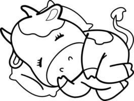 lindo dibujo de vaca durmiendo pacíficamente con una almohada debajo de la cabeza. ilustración de tema de animales y niños vector