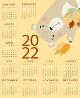 Annual Calendar for 2022. Cute bear with autumn leaves on a yellow background. Vector illustration. Vertical calendar template A3 for 12 months in English. Week starts on Sunday.