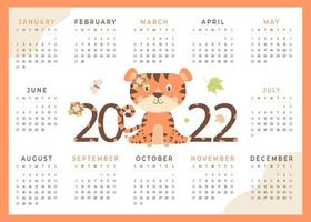 calendario de tigre para 2022. símbolo de tigre del año nuevo 2022. calendario para niños con un lindo animal, flores y mariposas. vector. Plantilla horizontal de calendario de 12 meses. vector