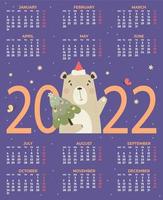 Calendar for 2022. Cute Santa bear with Christmas tree. Vector illustration. Vertical calendar template A3 for 12 months in English. Week starts From Monday.