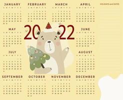 Calendar 2022. Cute bear with Christmas tree. Vector illustration. Horizontal yearly calendar A3 for 12 months in English with place for notes