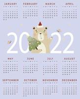 Calendar for 2022. Cute Santa bear with Christmas tree. Vector illustration. Vertical calendar template A3 for 12 months in English. Week starts on Sunday.